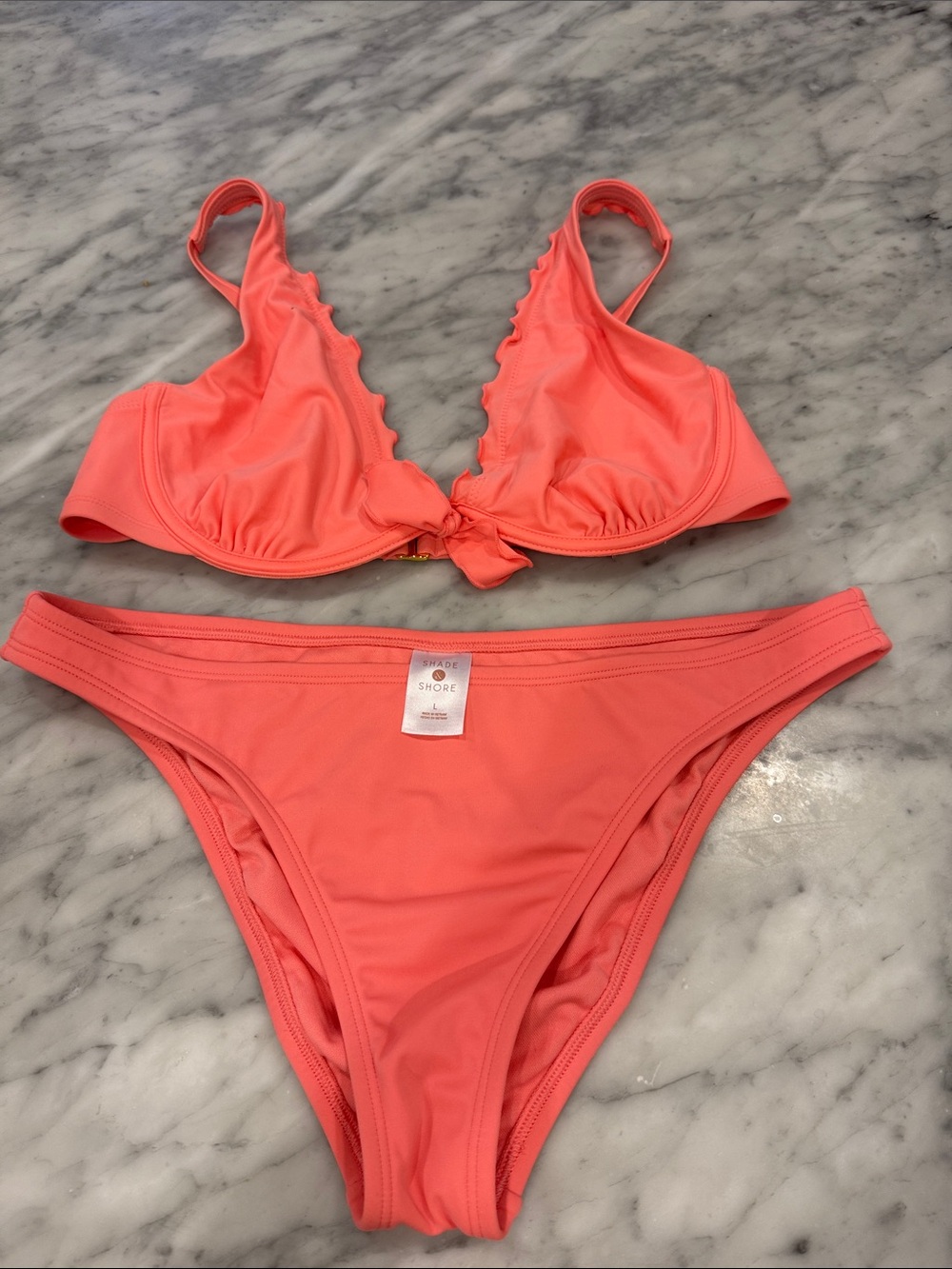 Shade & Shore Coral Pink Scalloped Tie Bikini